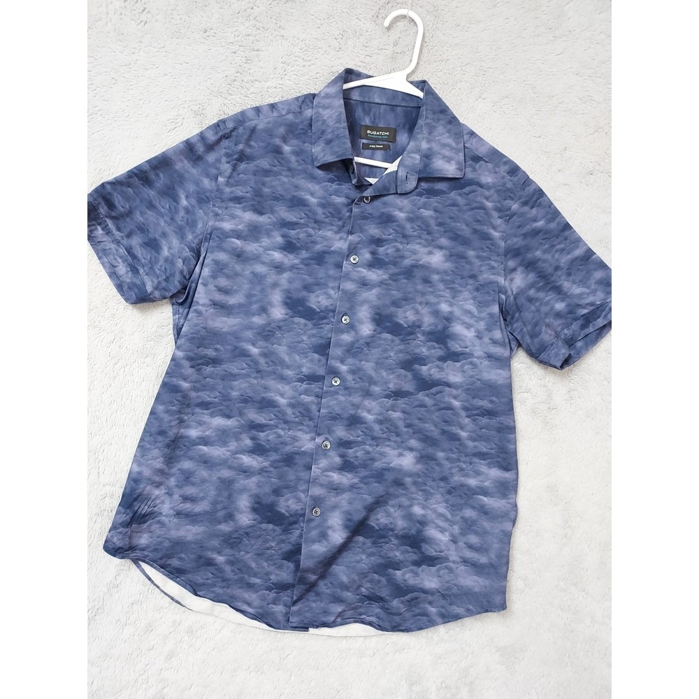 Bugatchi Shirt Mens Large Short Sleeve OoohCotton Tech 8 Way Stretch Blue Cloud
